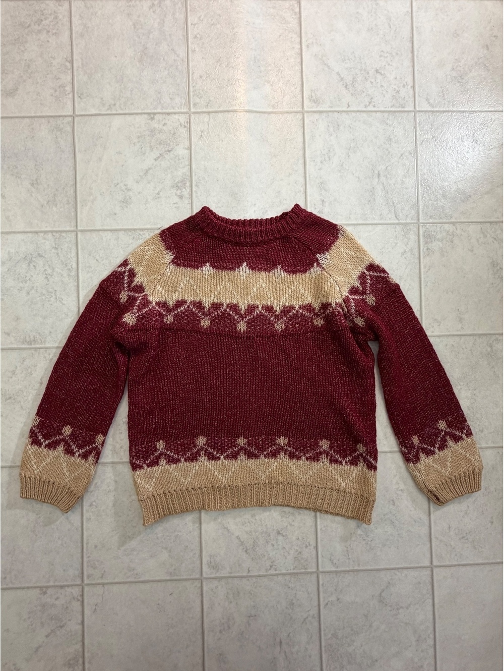 Burgundy and cream fuzzy knit sweater